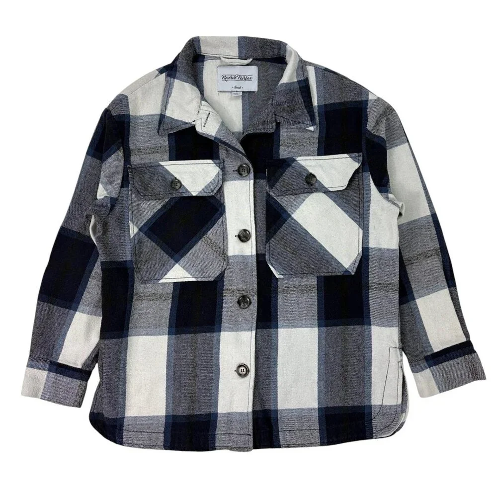 Reserve Fairfax Women’s Plaid Flannel Shacket Blue Gray Button Up Size Small - Picture 1 of 13